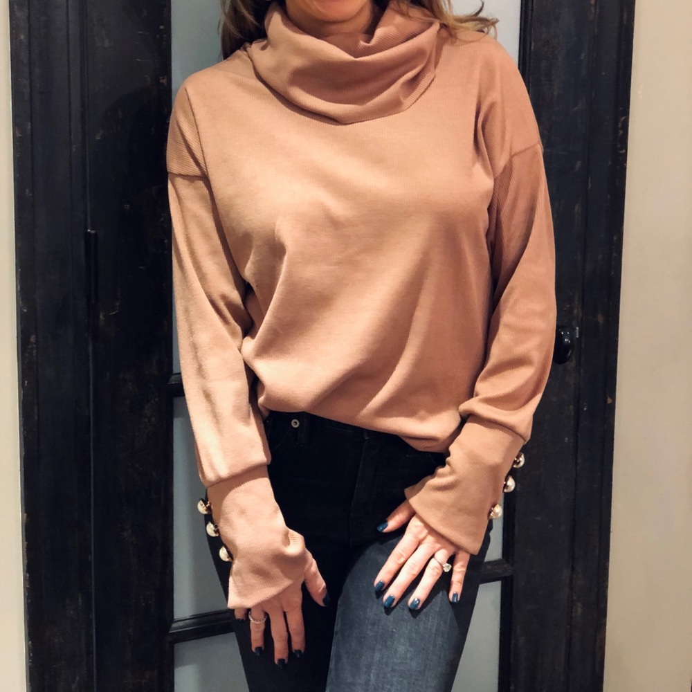 Cowl neck, camel-color, pearl button sleeve top
